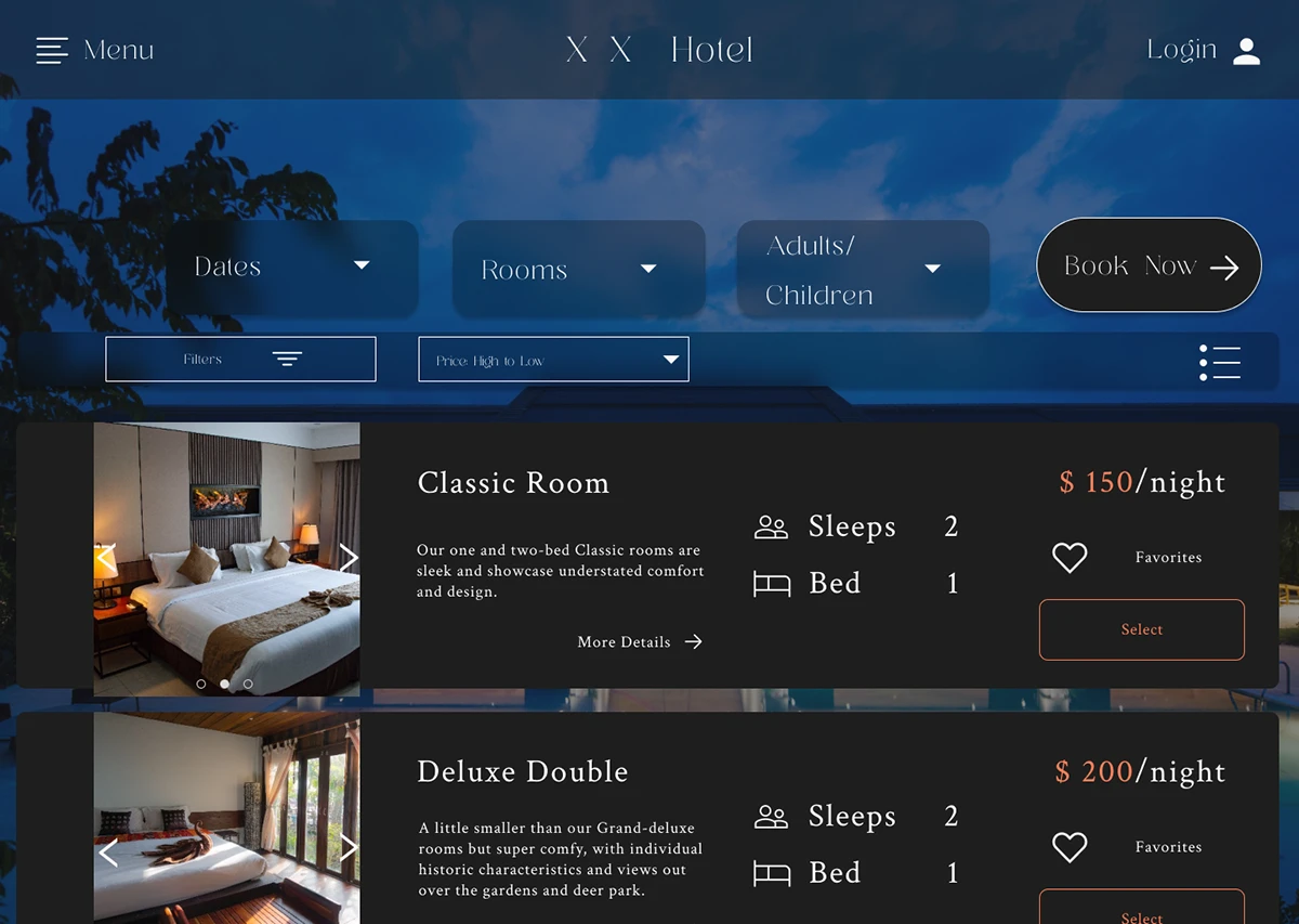 Hotel room selection concept showing category, occupancy and bed information, designed by Noor Zhou